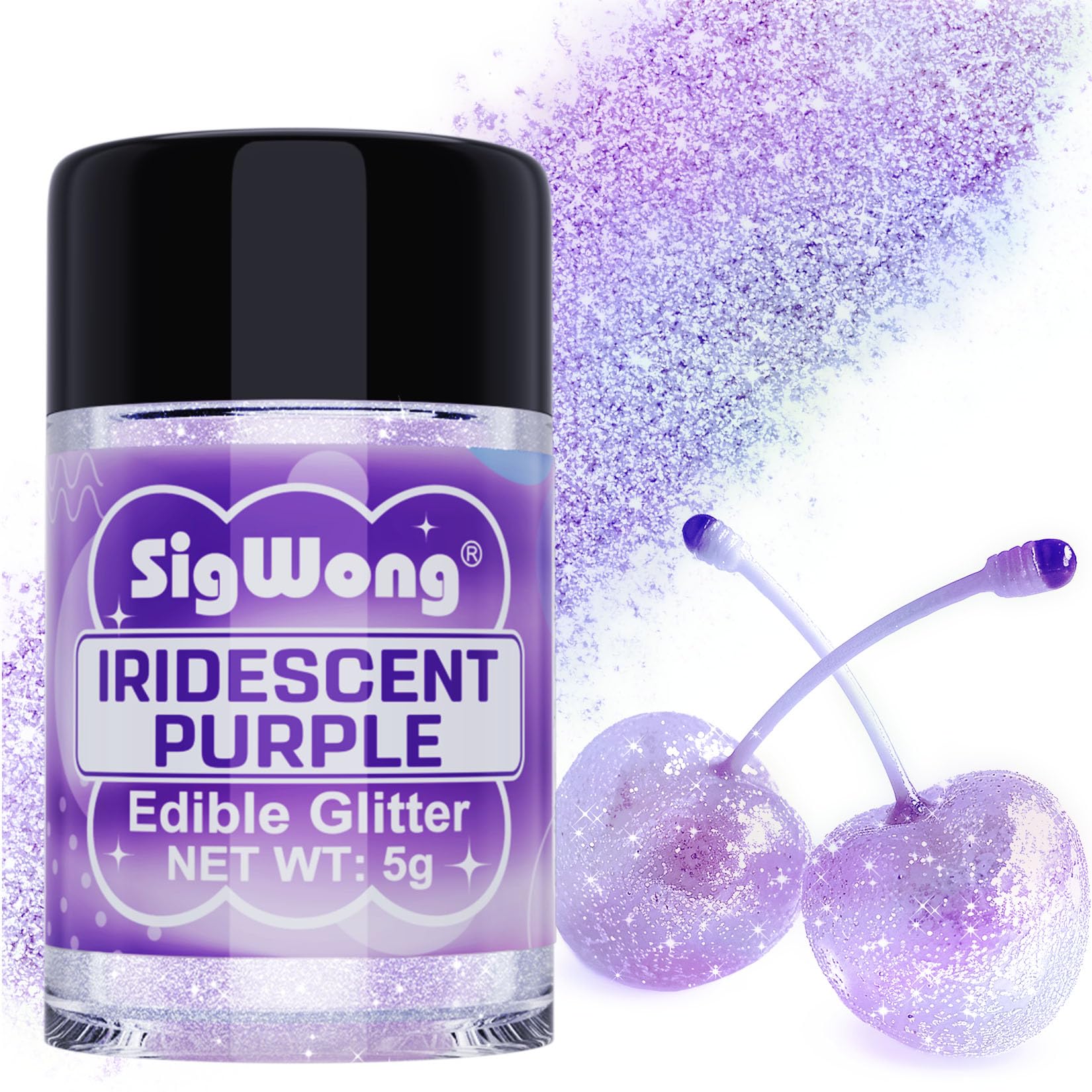 SigWong iridescent purple edible glitter adds vibrant shine to cakes and drinks.