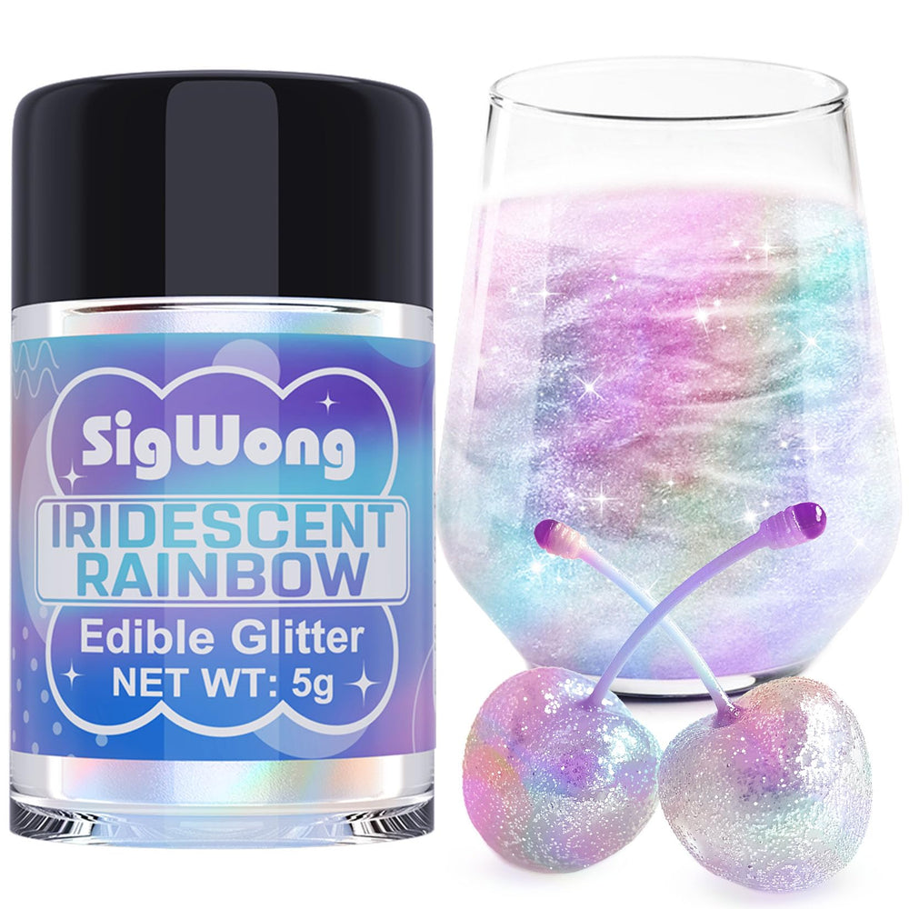 SigWong iridescent rainbow edible glitter bottle-cap control for precise application on treats.