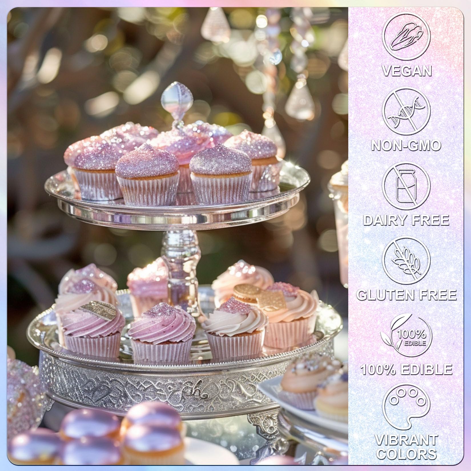 SigWong iridescent rainbow edible glitter shimmer for cake decorating and dessert toppings.