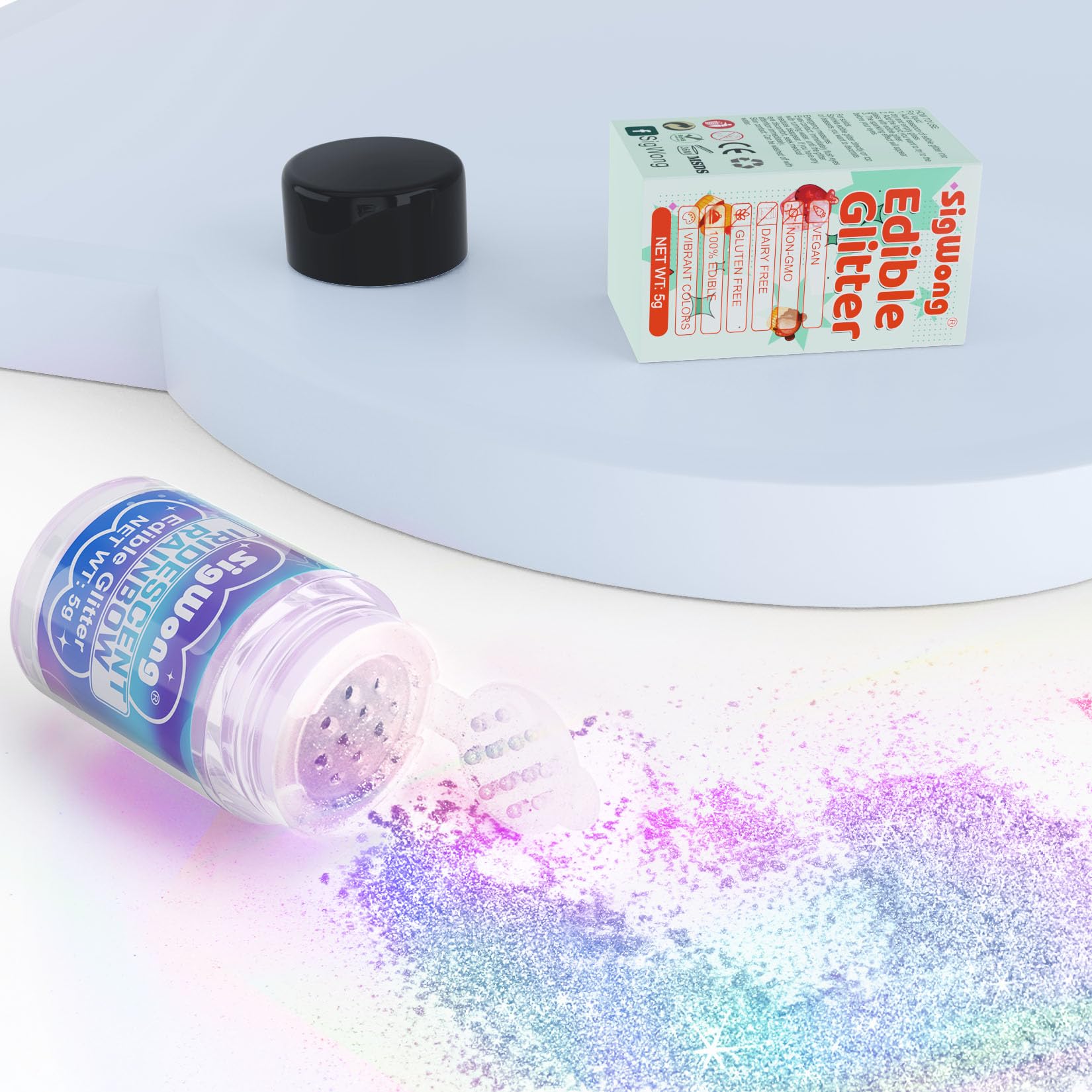 SigWong iridescent rainbow edible glitter dust sparkles on cakes and drinks.