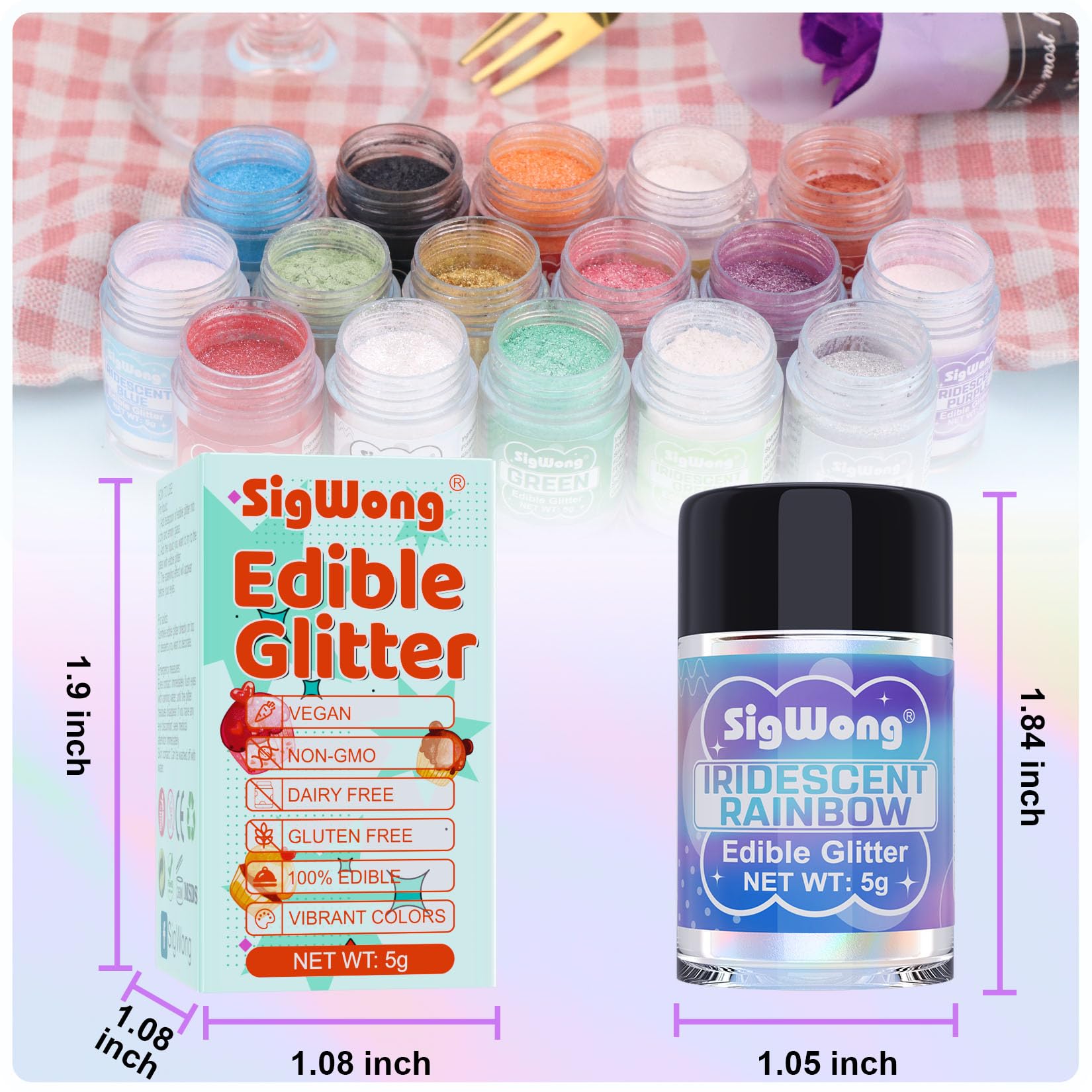 SigWong iridescent rainbow edible glitter strawberries and cookies with a shimmering finish.