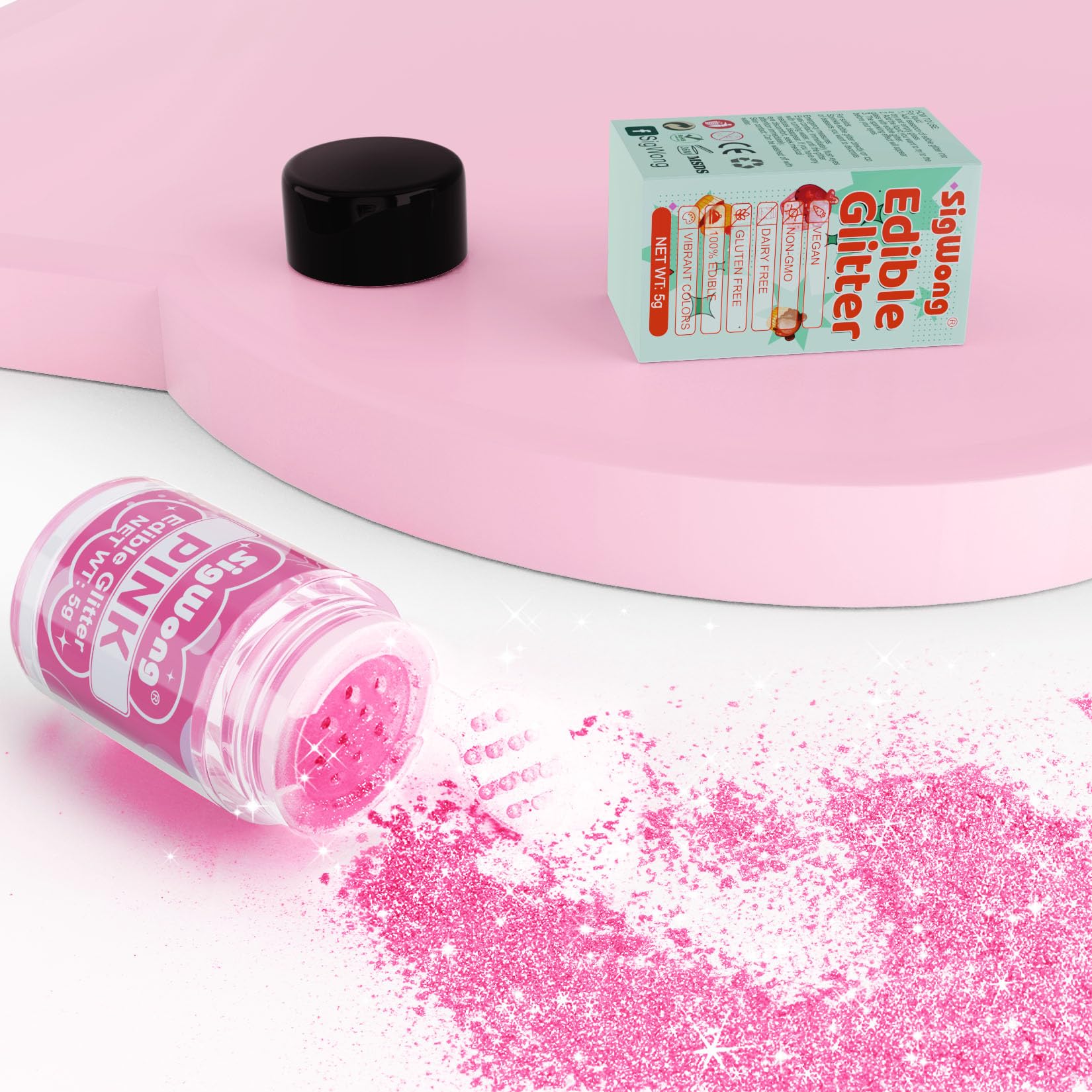 SigWong pink edible glitter sparkles on drinks for festive cocktails and champagne.