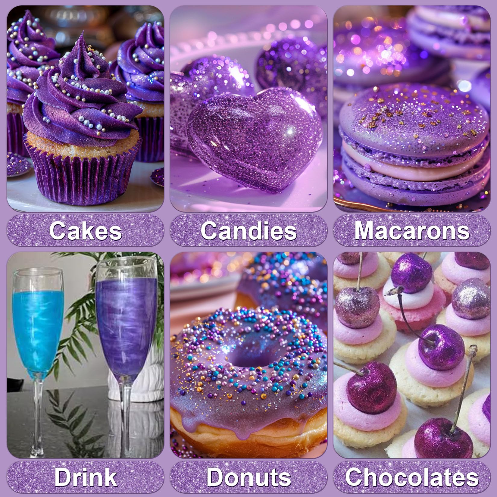 SigWong Purple Edible Glitter sparkles on cupcakes for party glamour.