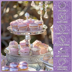 SigWong Purple Edible Glitter sparkles on strawberries and macarons.