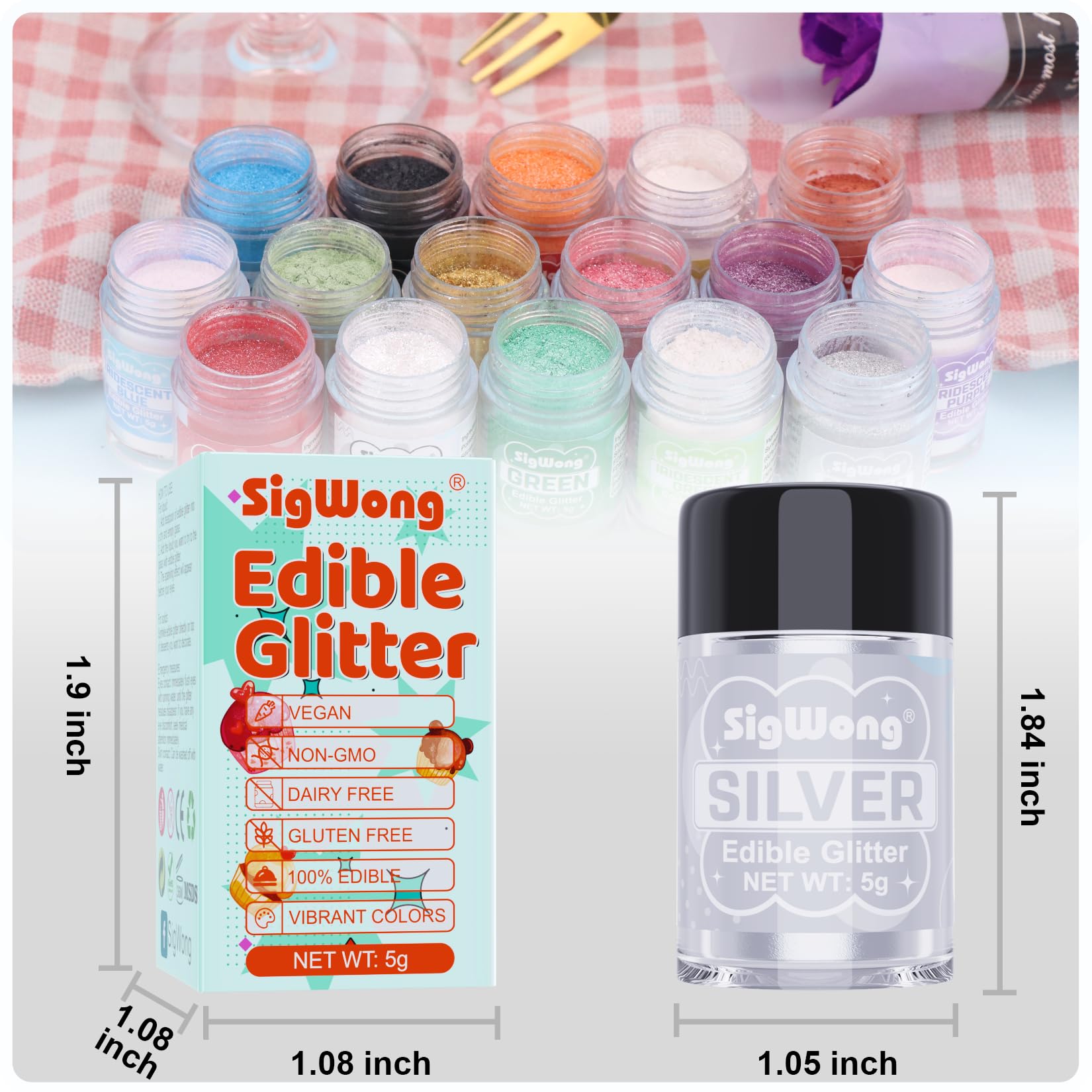 SigWong silver edible glitter cap enables precise control for sparkling decorations.
