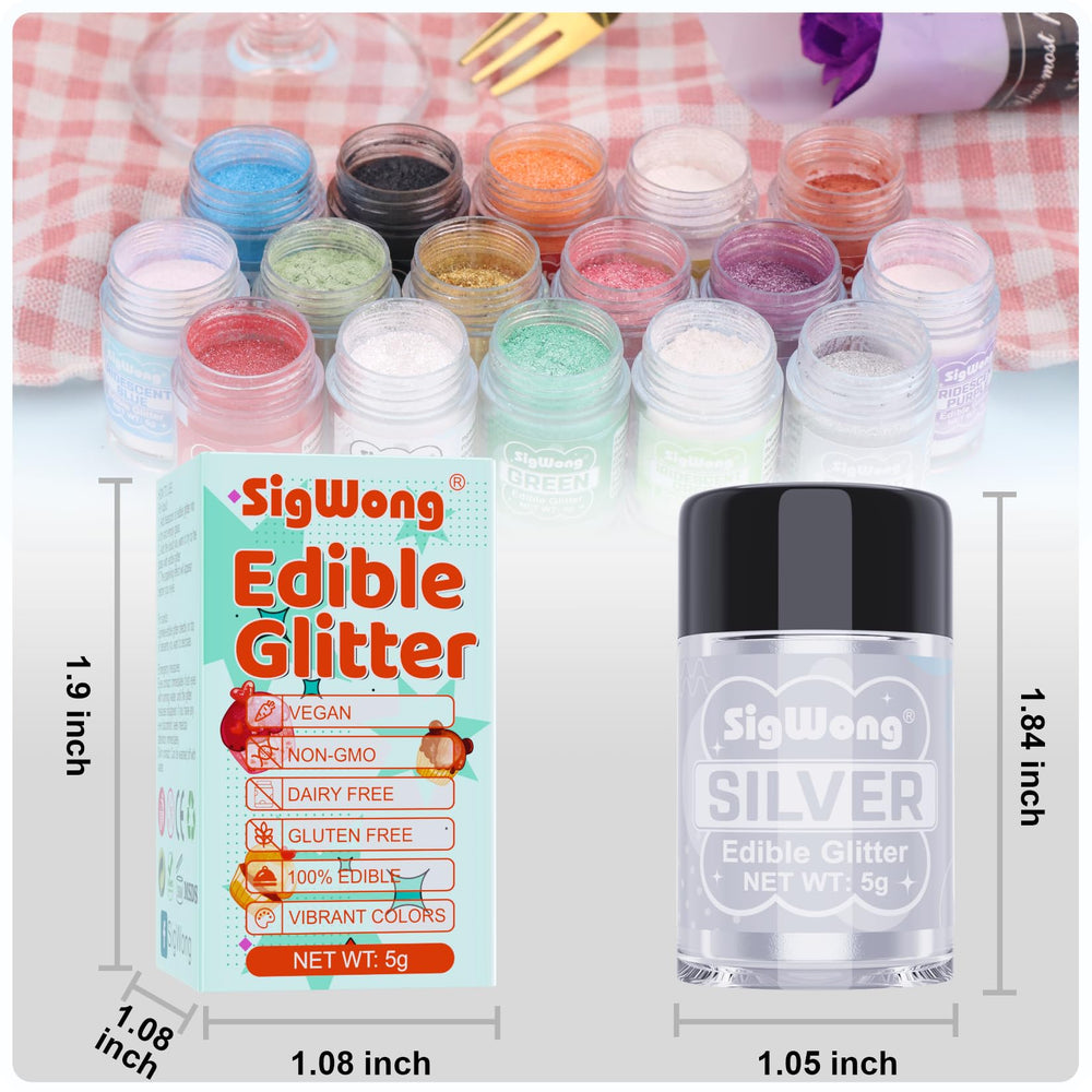 SigWong silver edible glitter cap enables precise control for sparkling decorations.