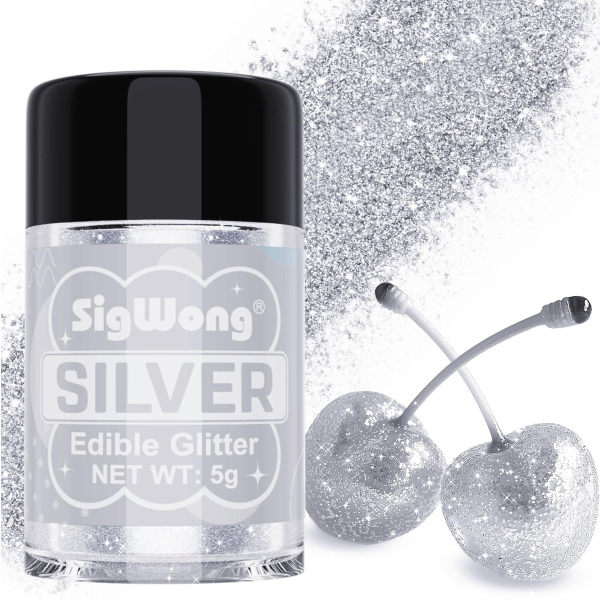 SigWong silver edible glitter enhances drinks and desserts with glamorous shine.