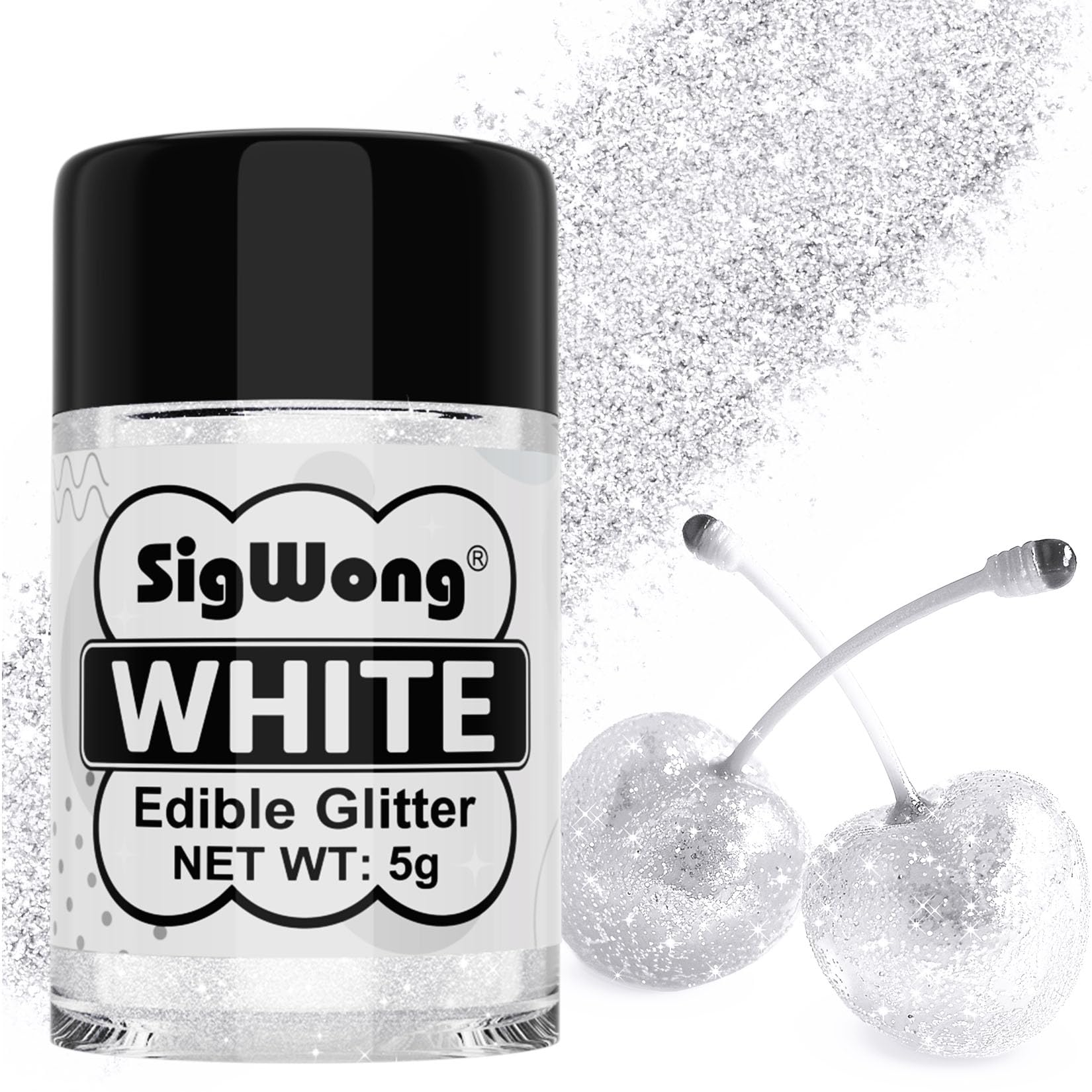 SigWong white edible glitter bottle adds shimmering finish to foods and drinks