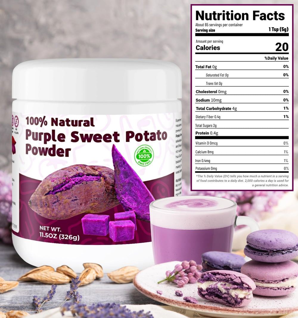SIHASO purple sweet potato powder scoop highlights easy measuring and consistent color.