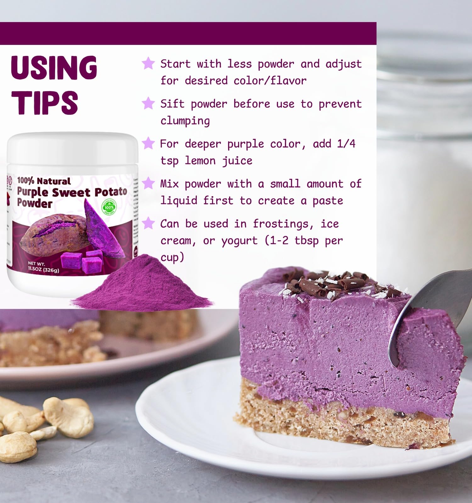 SIHASO resealable pack keeps purple sweet potato powder fresh.