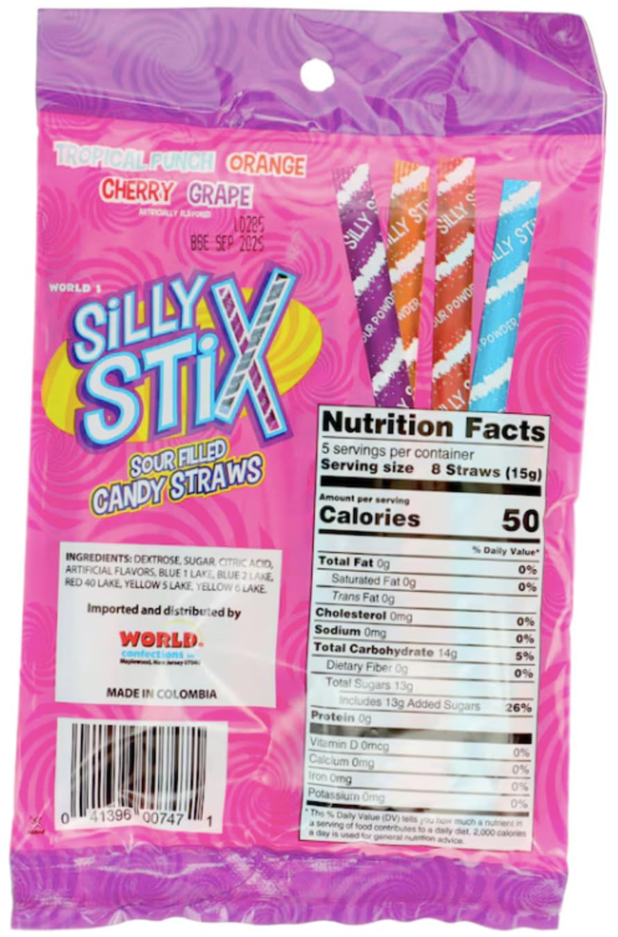 Silly Stix Sour Filled Candy Straw Orange, tangy treat during celebrations and school snacks.