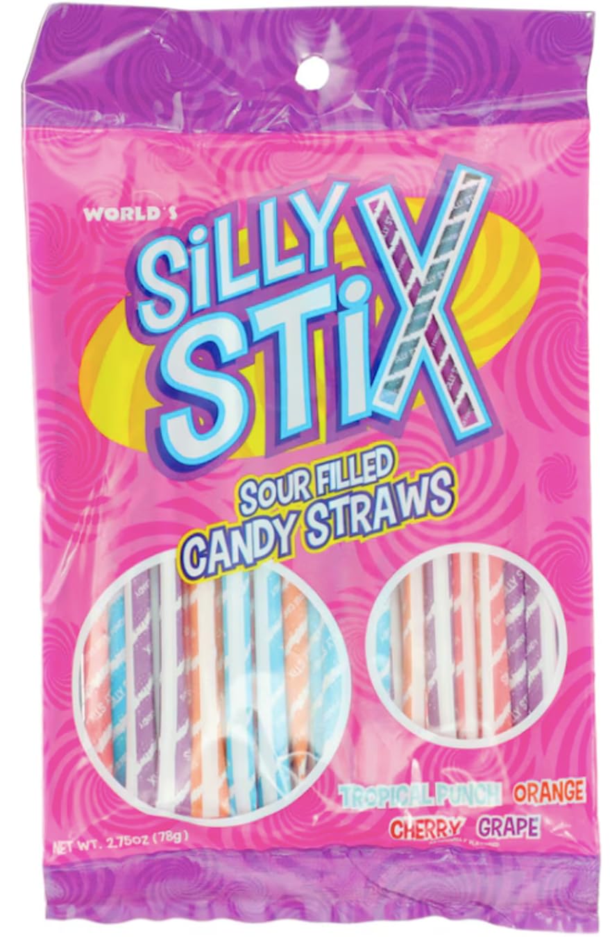 Silly Stix Sour Filled Candy Straw Tropical Punch ready for sharing at parties and playdates.