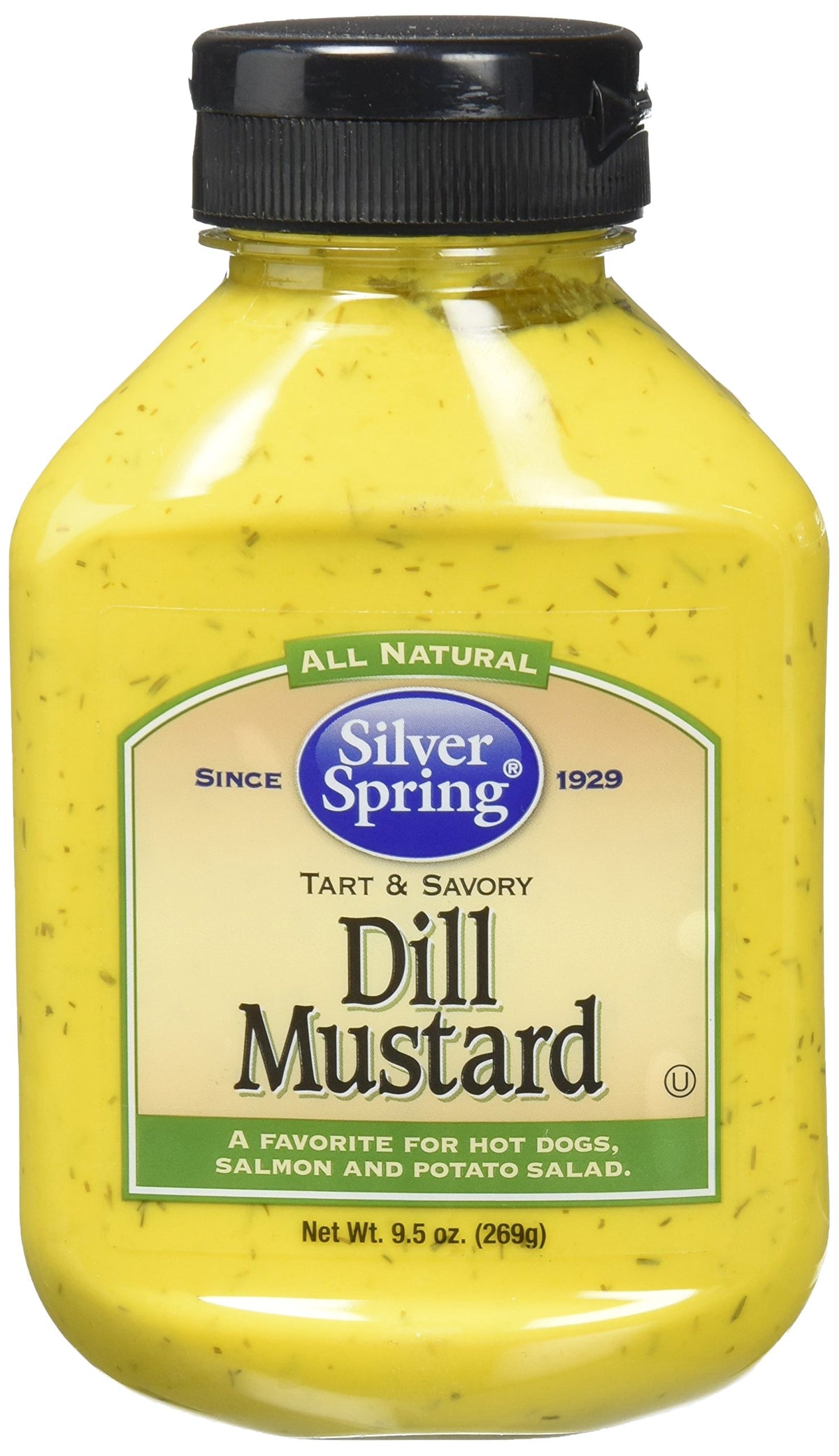 Silver Spring Mustard Spring Dill bottle on counter, ideal for sandwiches.