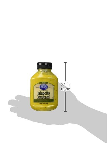 Silver Springs Mustard Jalapeno jar pour spout close-up, easy topping for burgers.