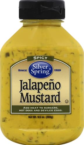 Silver Springs Mustard Jalapeno jar side view shows glossy, versatile heat for grilling.