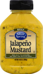 Silver Springs Mustard Jalapeno jar side view shows glossy, versatile heat for grilling.