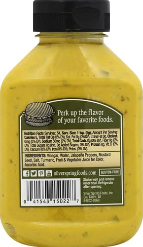 Silver Springs Mustard Jalapeno label close-up emphasizes 9.5 oz jar for pantry-ready flavor.