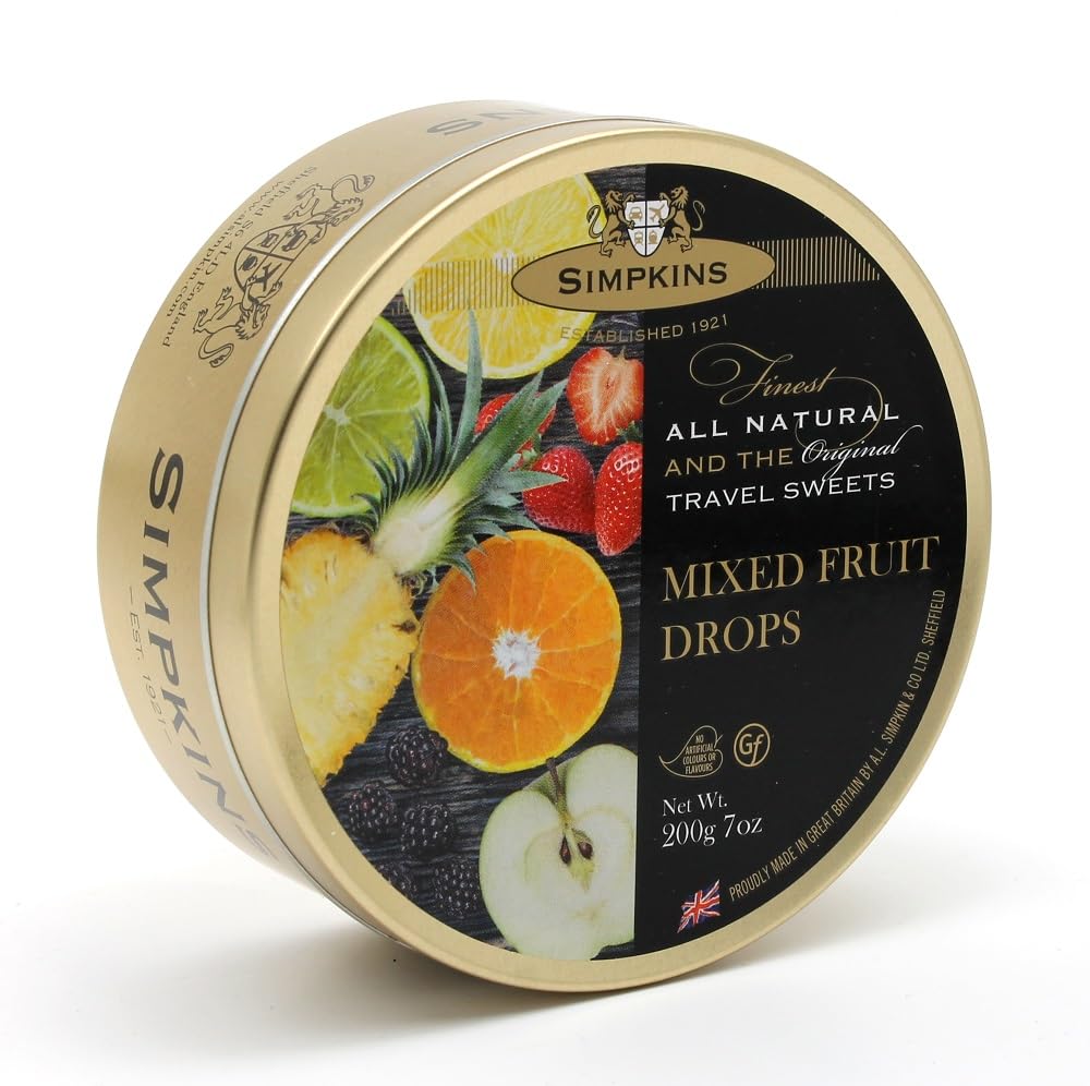 Simpkins Mixed Fruit Drops pack in tin, ready for travel.