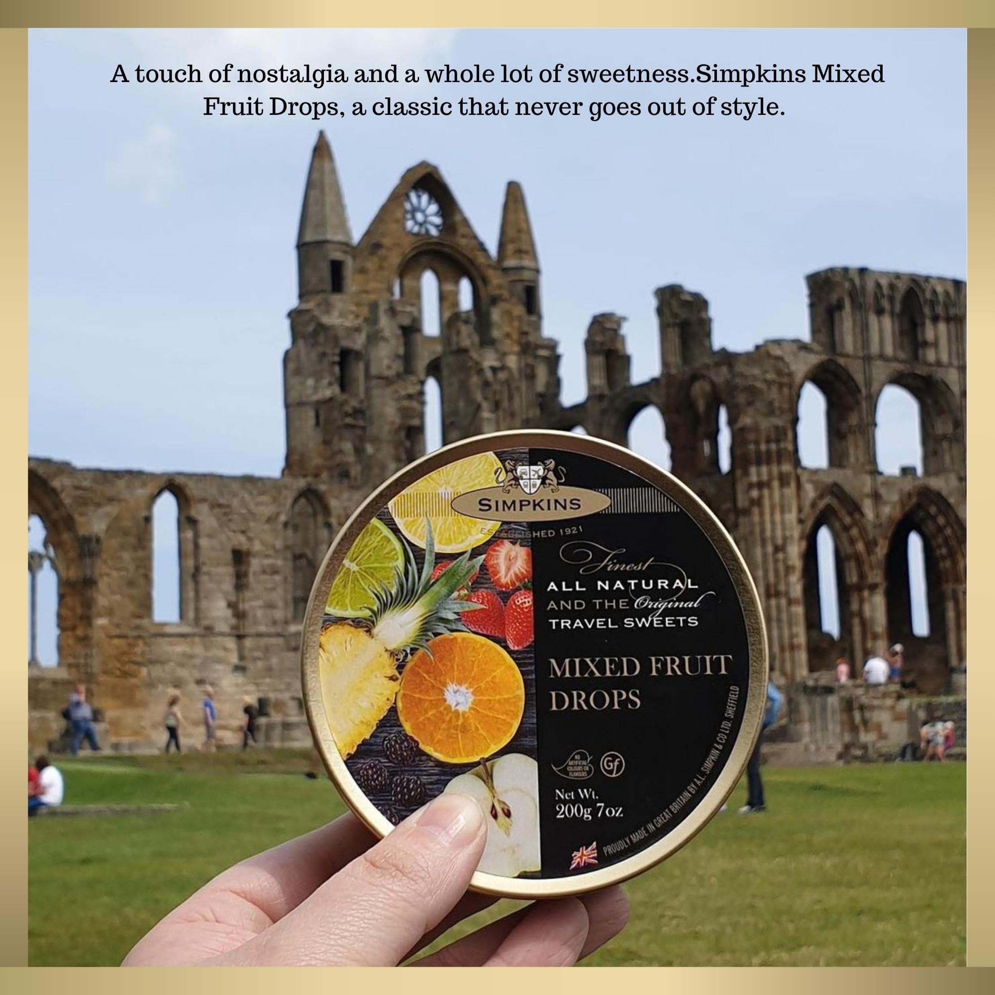Simpkins Mixed Fruit Drops tin with glossy finish and logo.