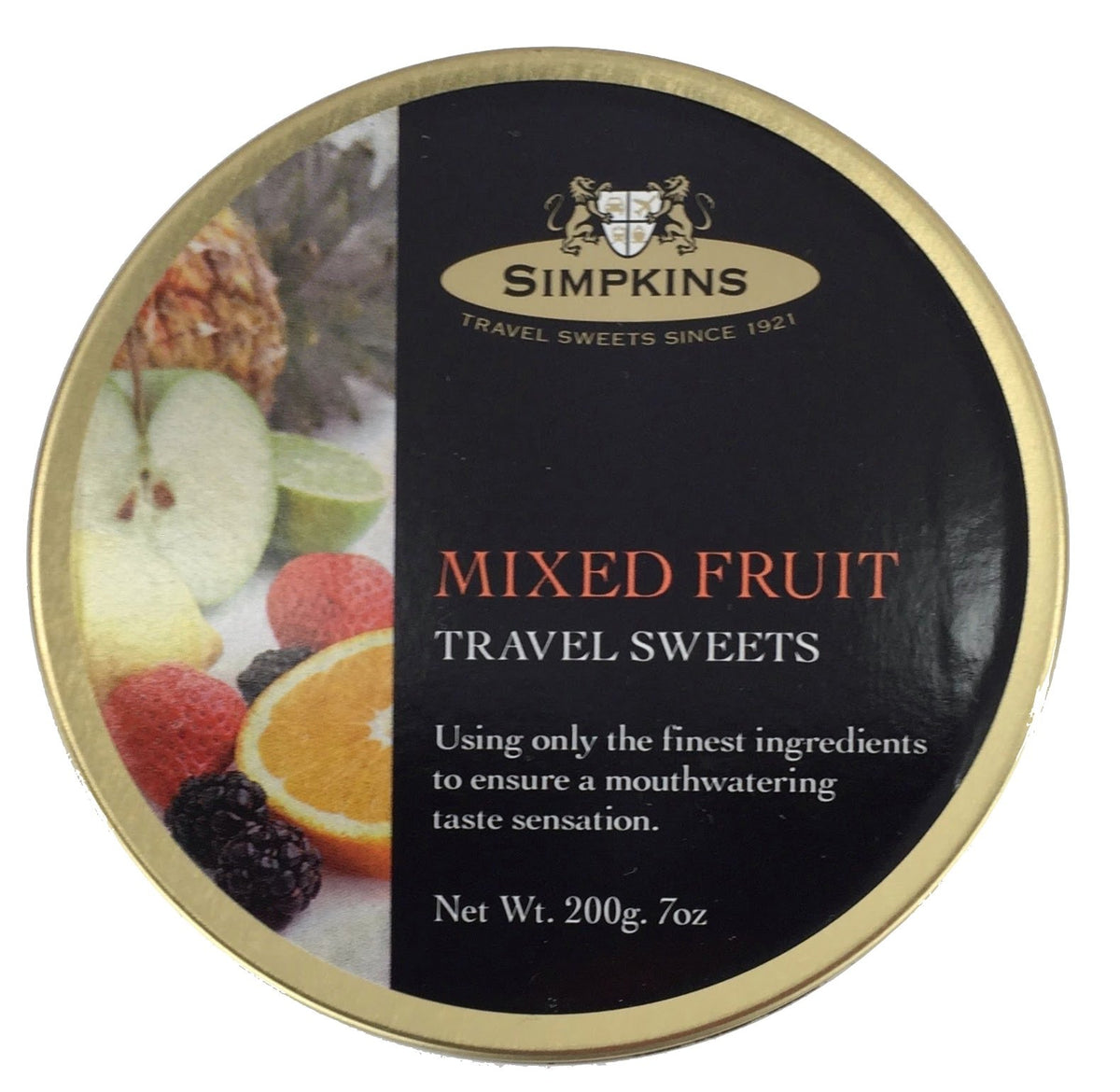 Simpkins Travel Sweet tin front showing mixed fruit drops, ideal travel snack.