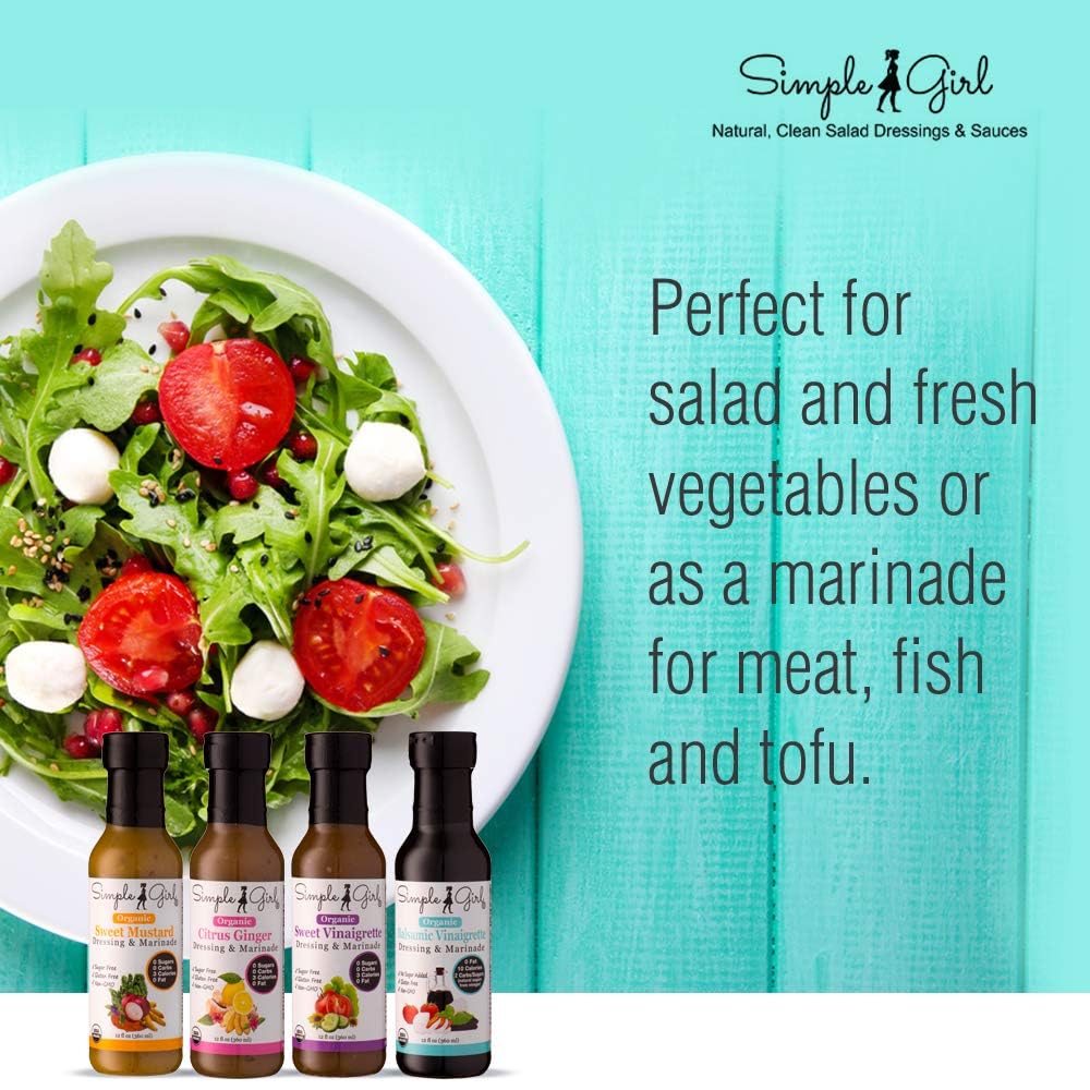 Simple Girl Variety Pack label displays organic, sugar-free dressings choice