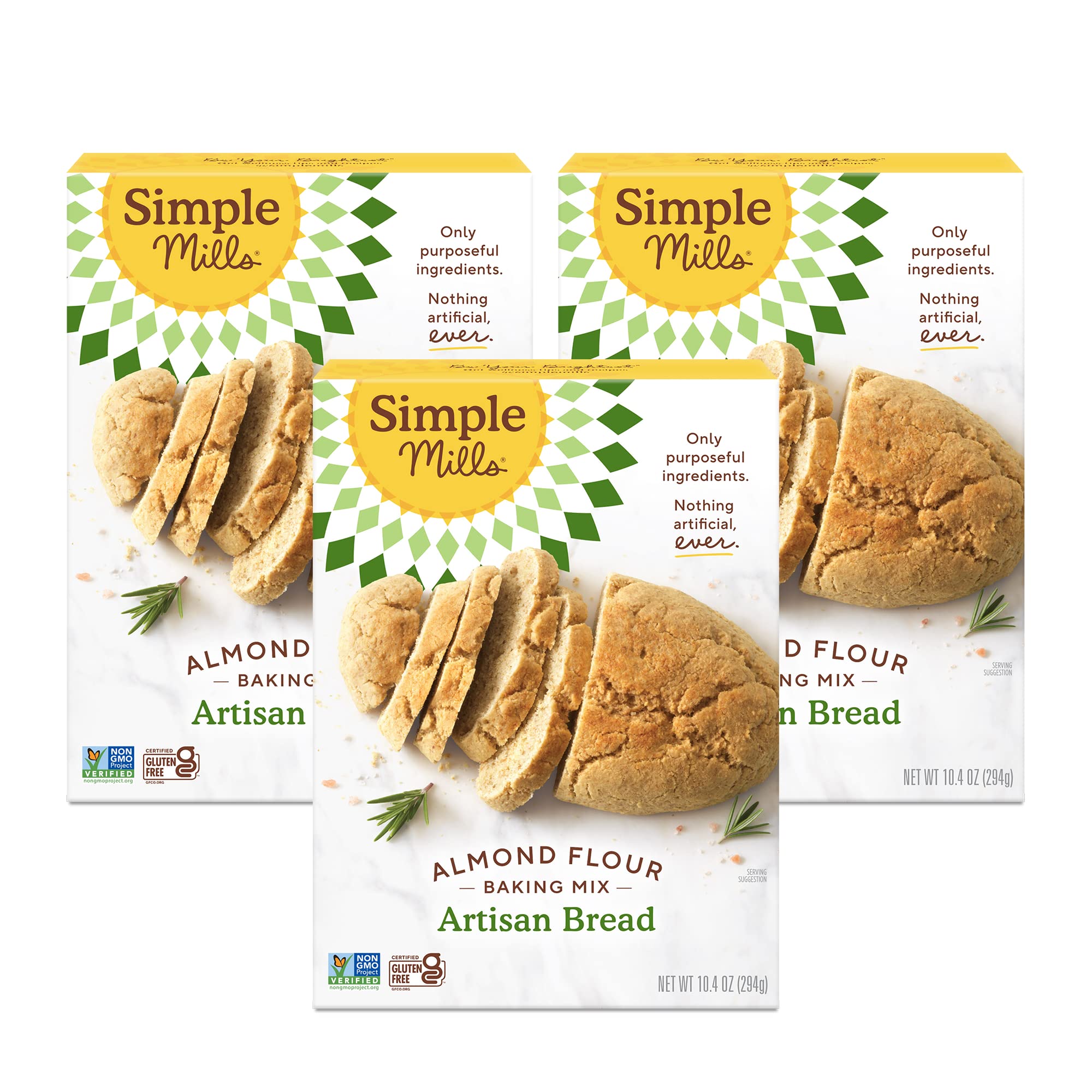 Simple Mills Almond Flour Artisan Bread Mix 3-pack on pantry shelf for gluten-free baking