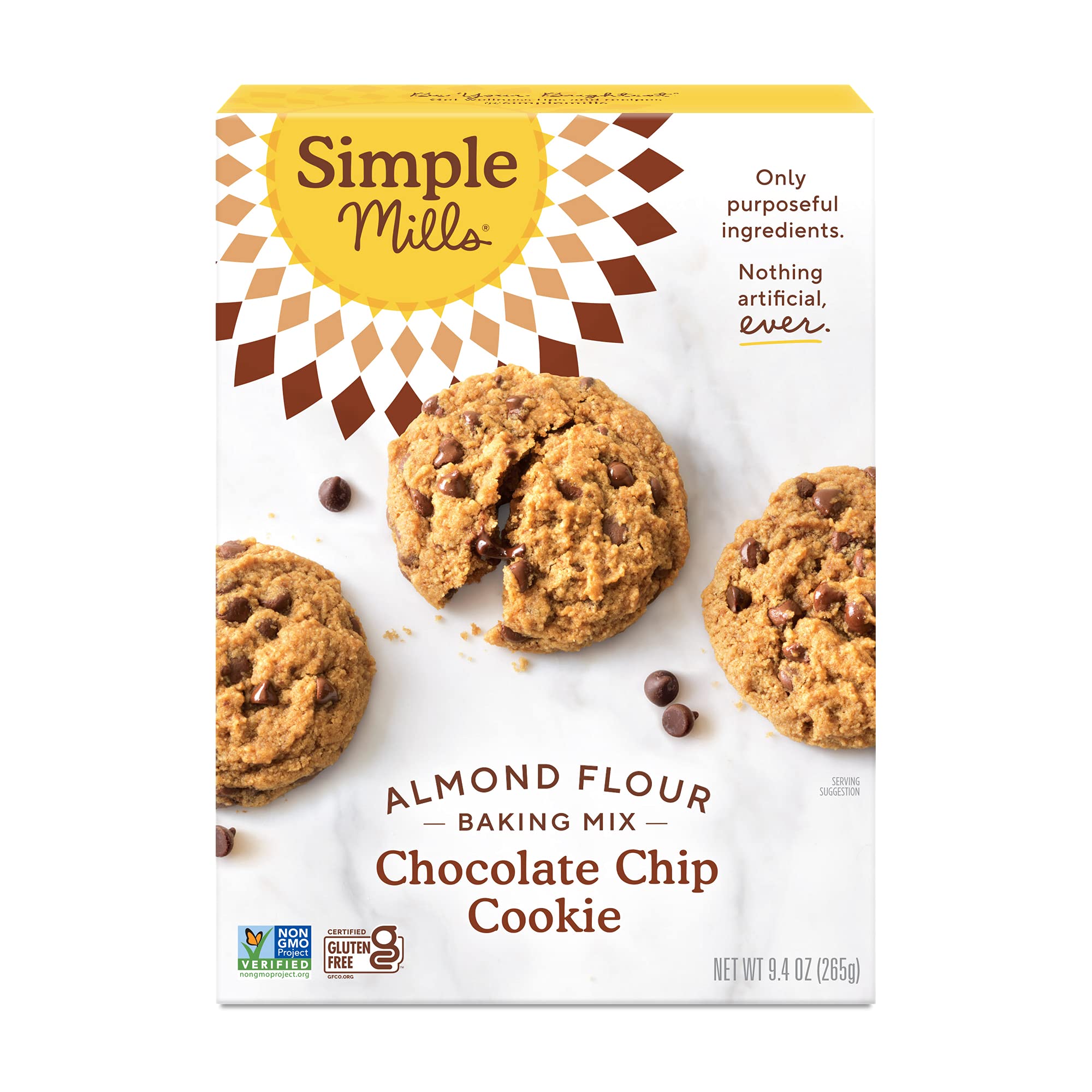 Simple Mills almond flour chocolate chip cookie mix box front showcases gluten-free baking option.