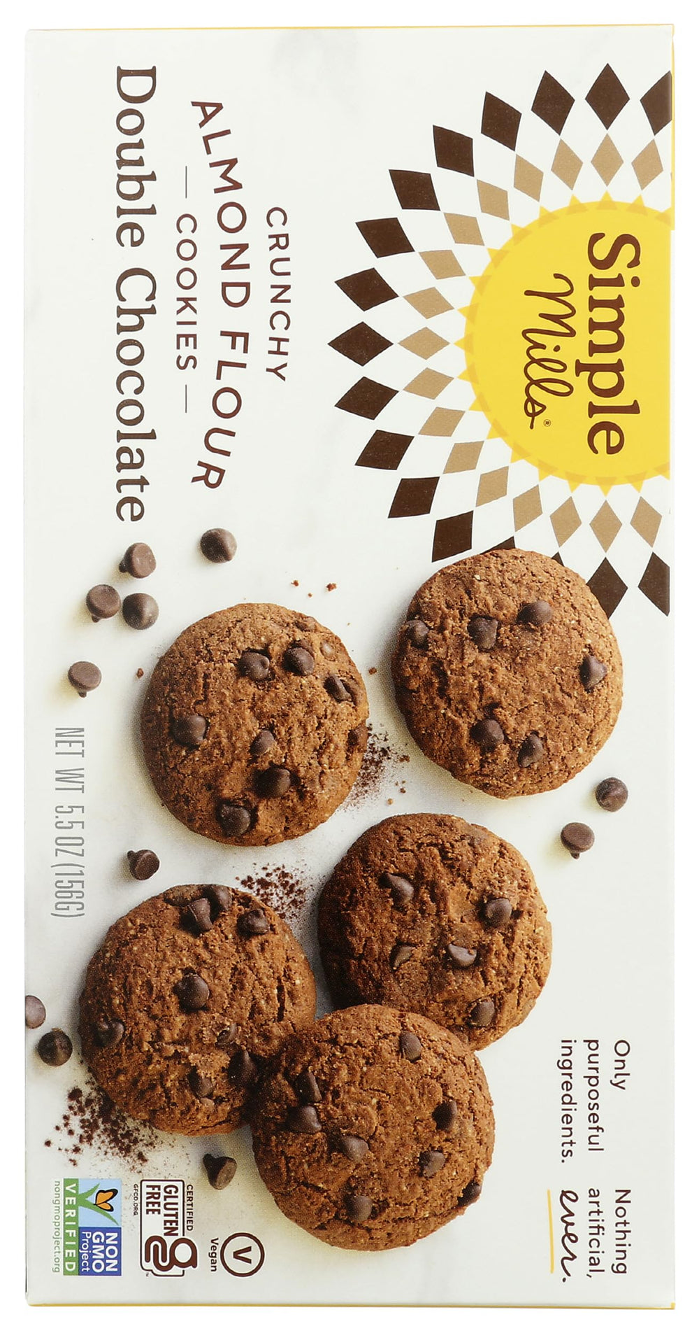 Simple Mills almond flour cookies packaging front view emphasizes clean ingredients