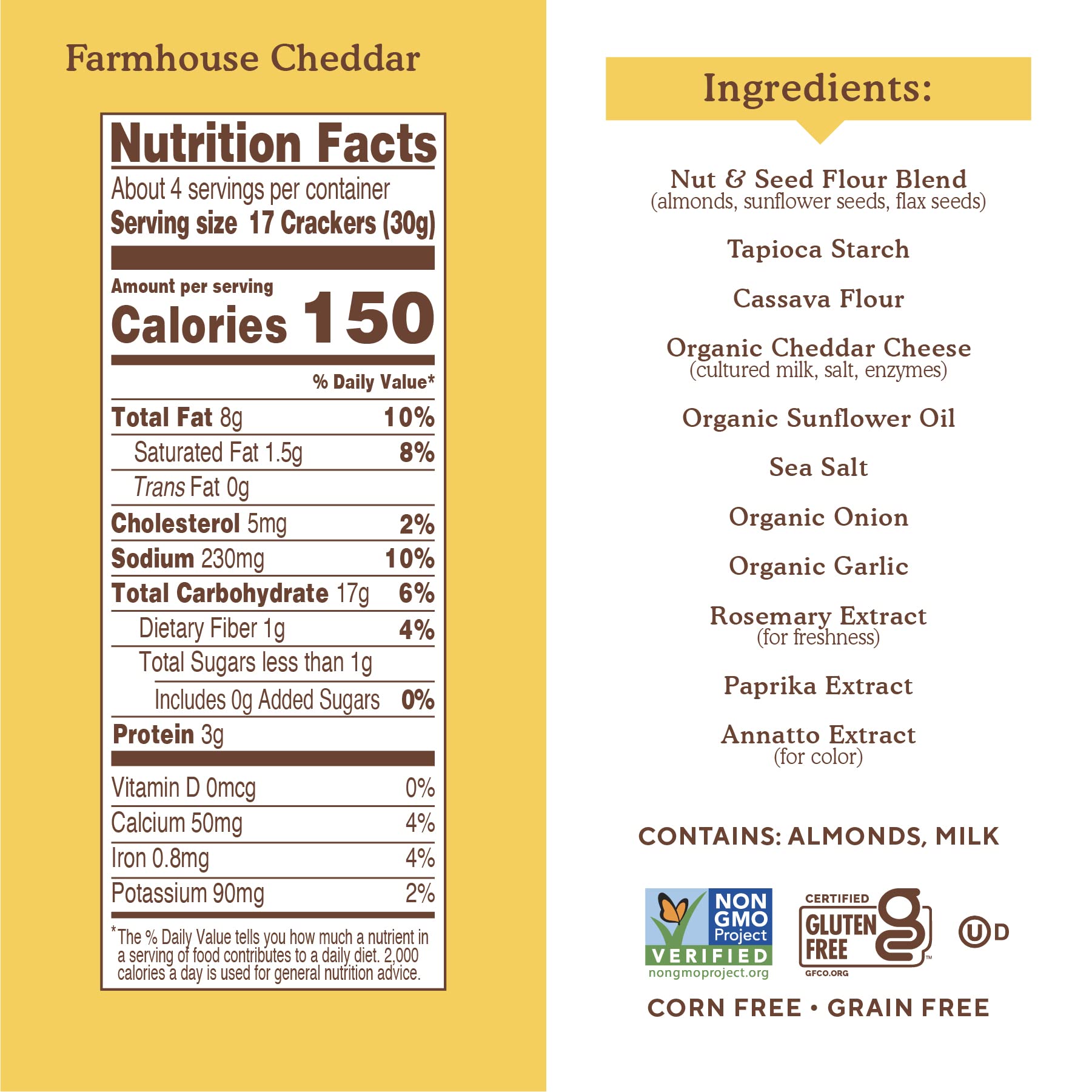 Simple Mills Almond Flour Crackers Farmhouse Cheddar closeup highlights crisp texture ideal for cheese pairing.