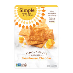 Simple Mills Farmhouse Cheddar crackers in a box, gluten-free snack with real cheese.