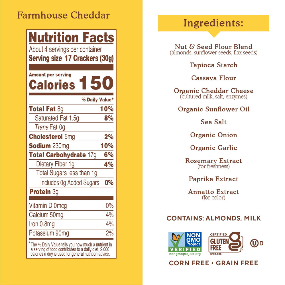 Simple Mills ingredients closeup showing real cheddar and almond flour, gluten-free.