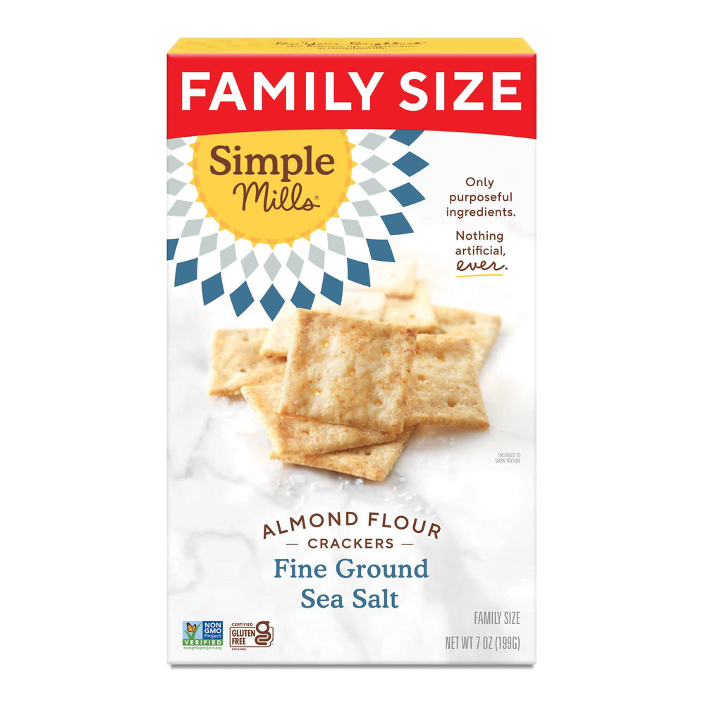 Simple Mills almond flour crackers in kitchen show gluten-free snacking versatility.