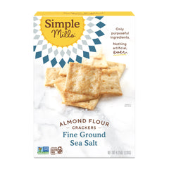 Simple Mills almond flour crackers sea salt box on shelf, convenient gluten-free snack.