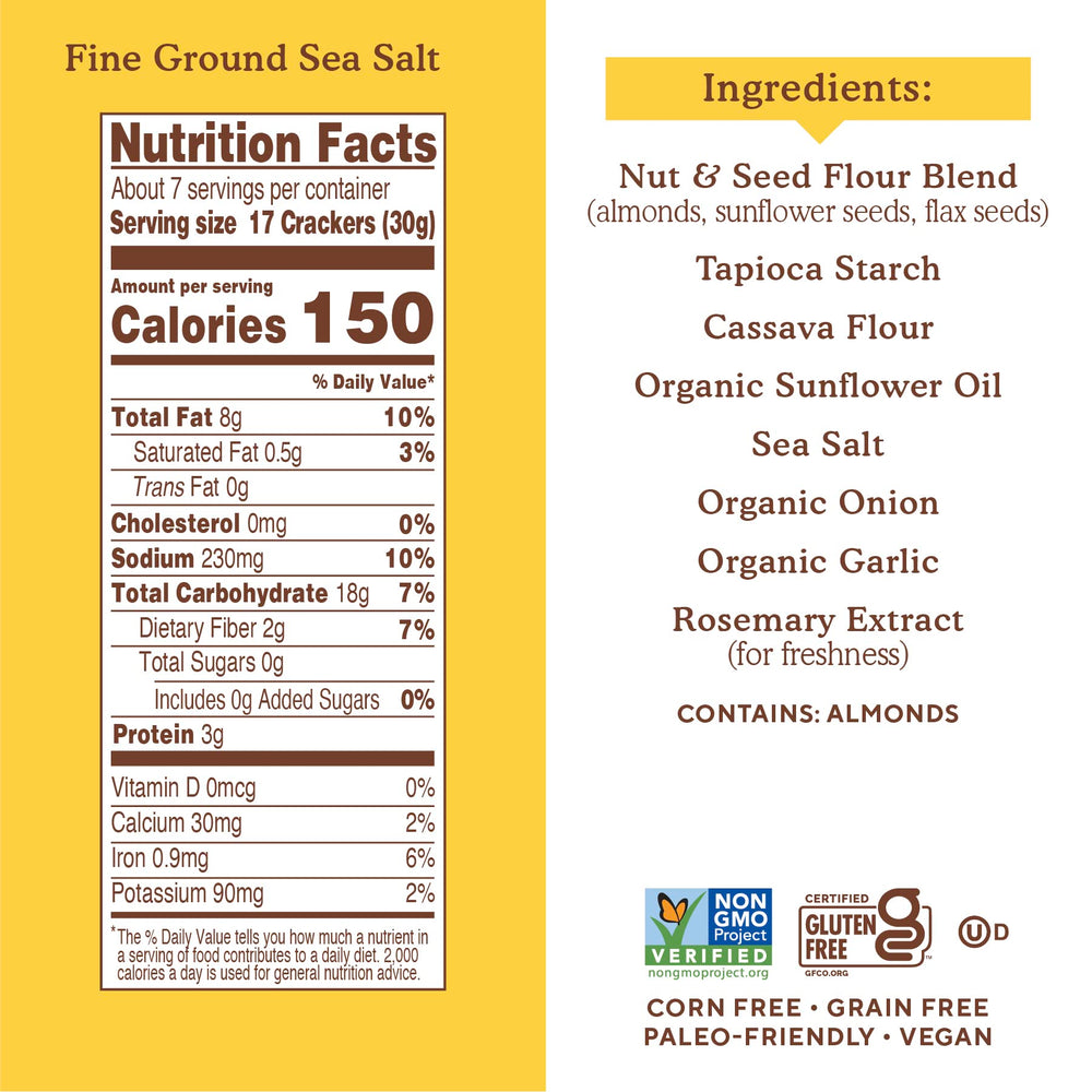 Simple Mills almond flour crackers sea salt closeup highlights premium ingredients and crisp texture.
