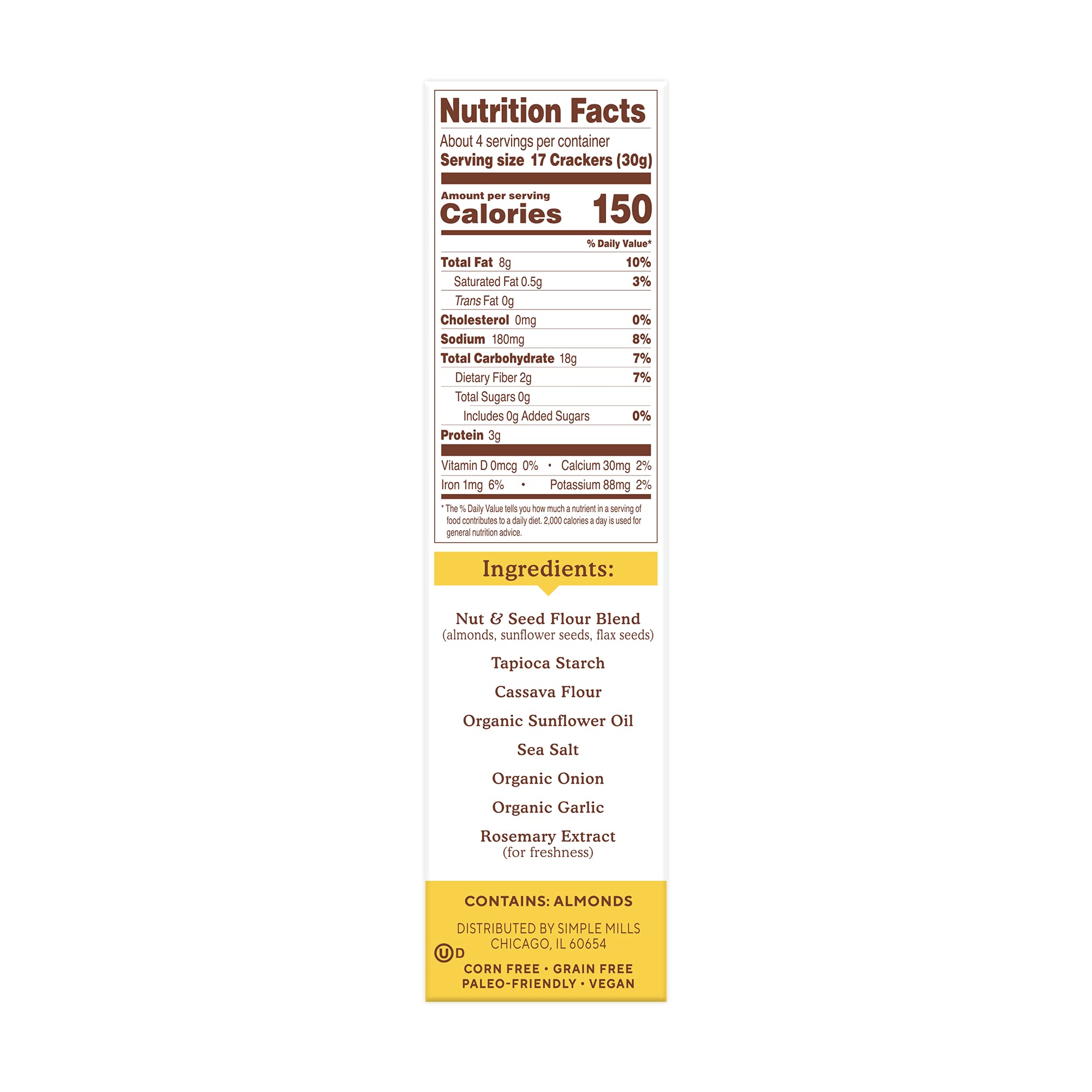 Simple Mills almond flour crackers sea salt nutrition label close-up, highlighting gluten-free features.