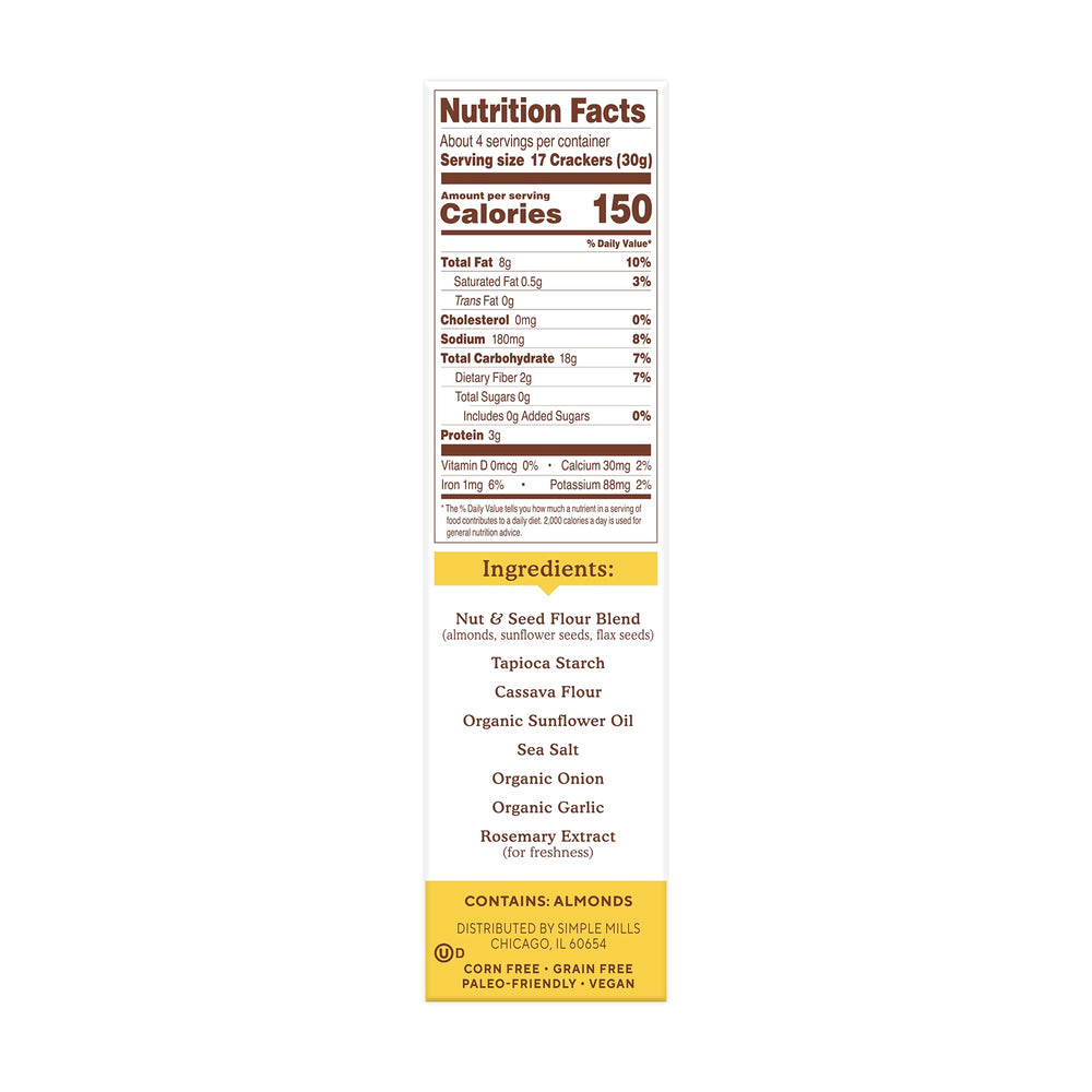 Simple Mills almond flour crackers sea salt nutrition label close-up, highlighting gluten-free features.