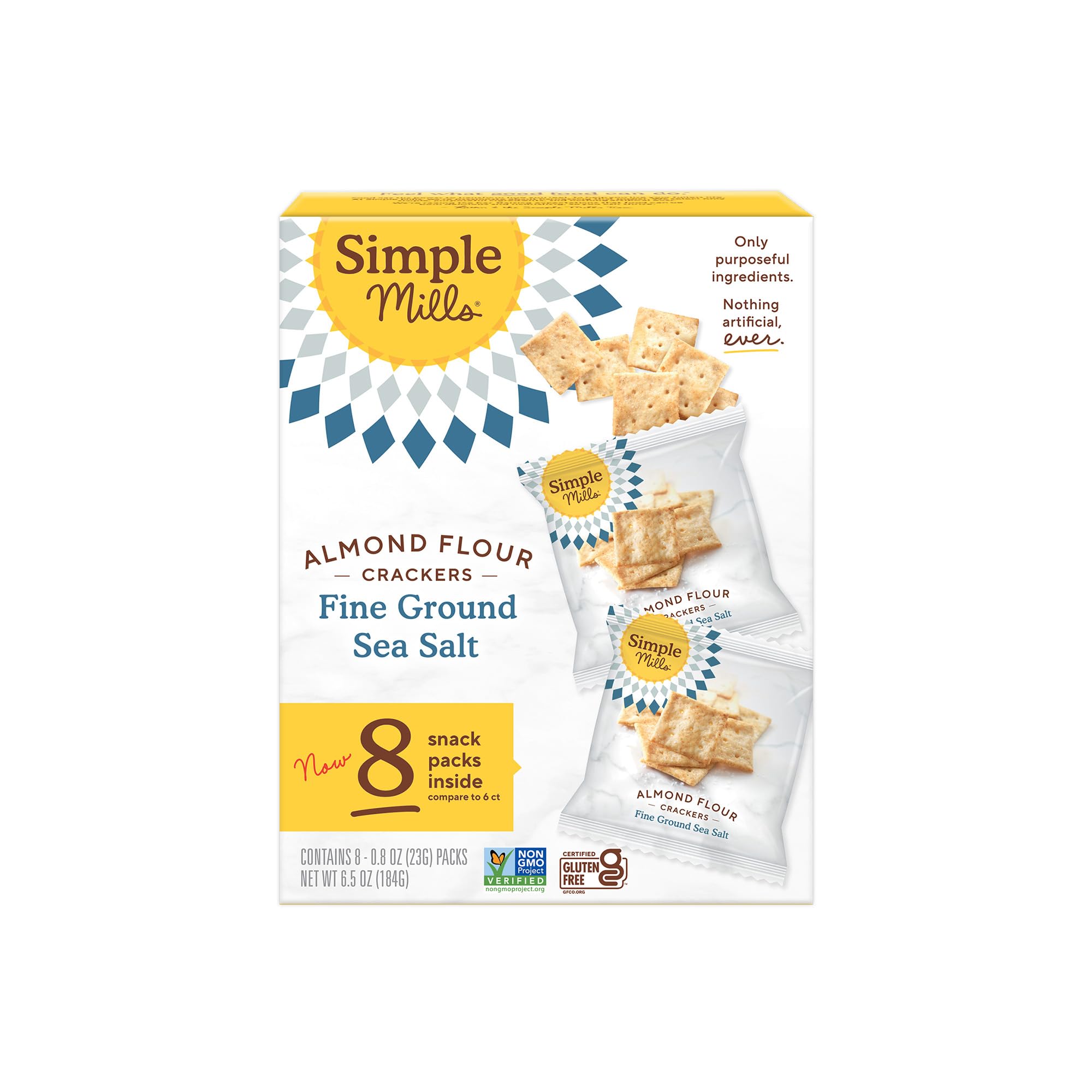 Simple Mills almond flour crackers sea salt pack front shows gluten-free snack option