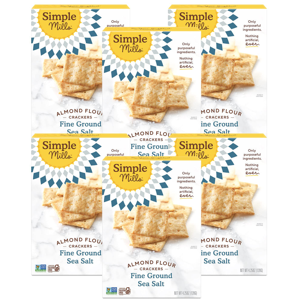 Simple Mills almond flour crackers with sea salt in a six-pack, gluten-free snack
