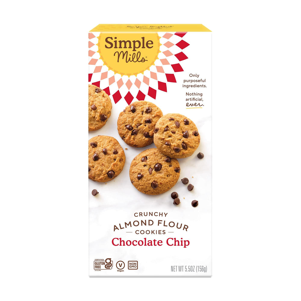 Simple Mills Almond Flour Crunchy Cookies chocolate chip pack—gluten-free vegan snack option.