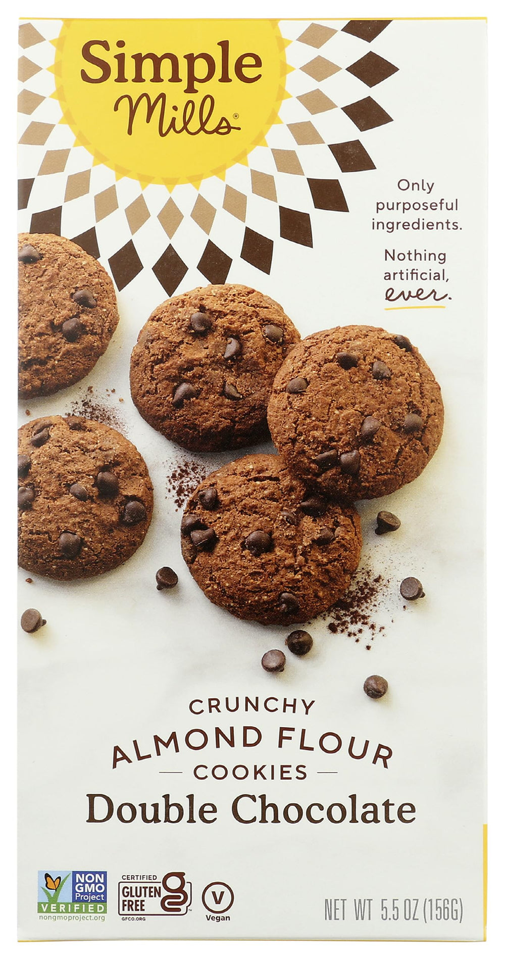 Simple Mills almond flour cookies Double Chocolate Chip box front highlights gluten-free, vegan snack