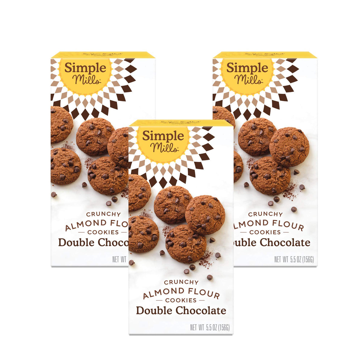 Simple Mills almond flour double chocolate chip cookies 3-pack on display for convenient snacking.