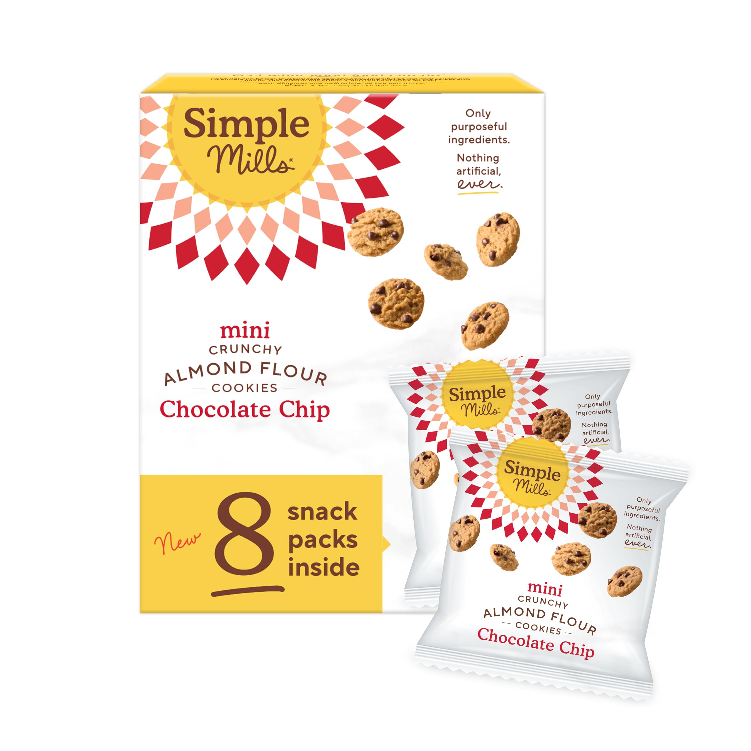 Simple Mills almond flour mini chocolate chip cookie snack pack, gluten-free and convenient eight-pack.