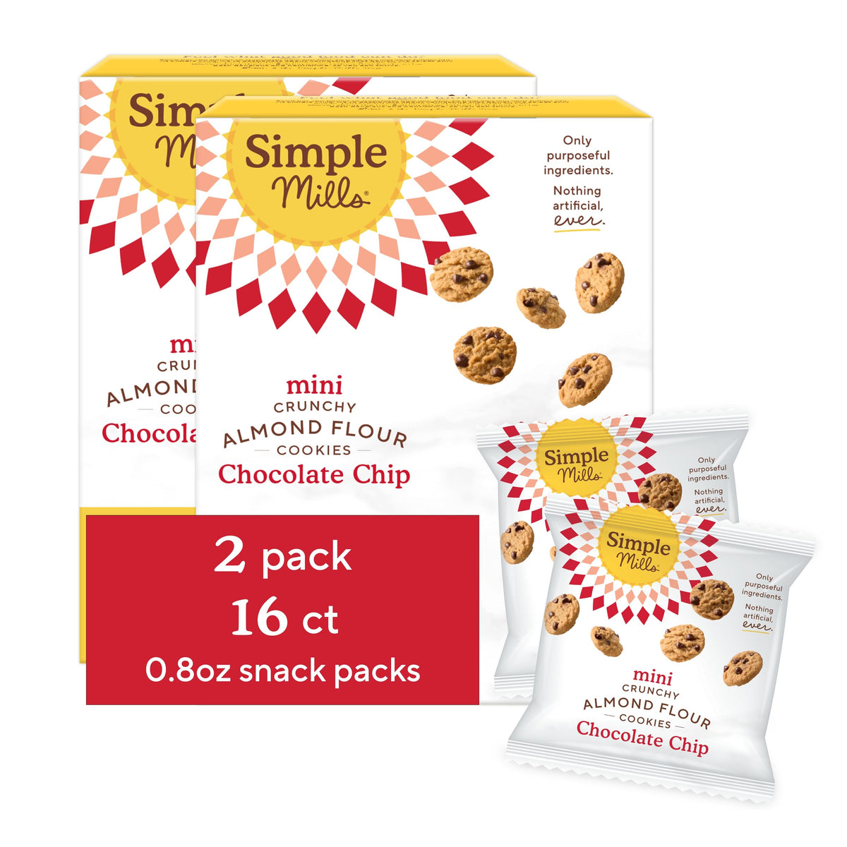 Simple Mills almond flour mini chocolate chip cookies, gluten-free and convenient for on-the-go snacking.