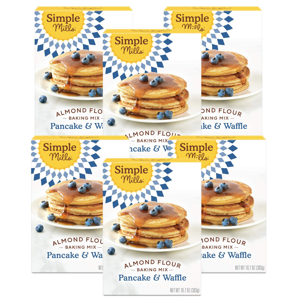 Simple Mills Almond Flour Pancake Mix box front, gluten-free breakfast staple.