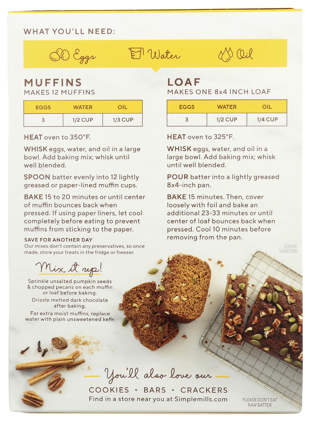 Simple Mills almond flour pumpkin bread mix nutrition panel emphasizes gluten-free and paleo-friendly options.