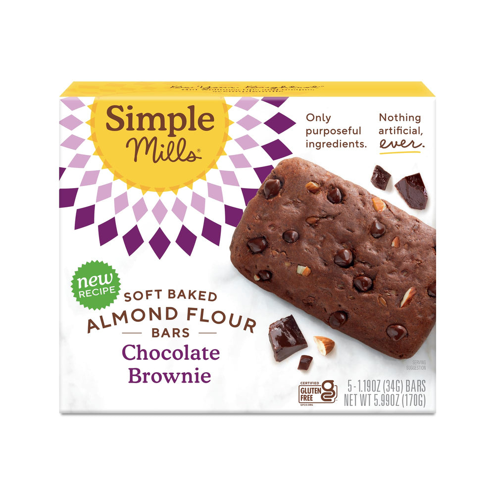 Simple Mills almond flour brownie box shows convenient on-the-go snack