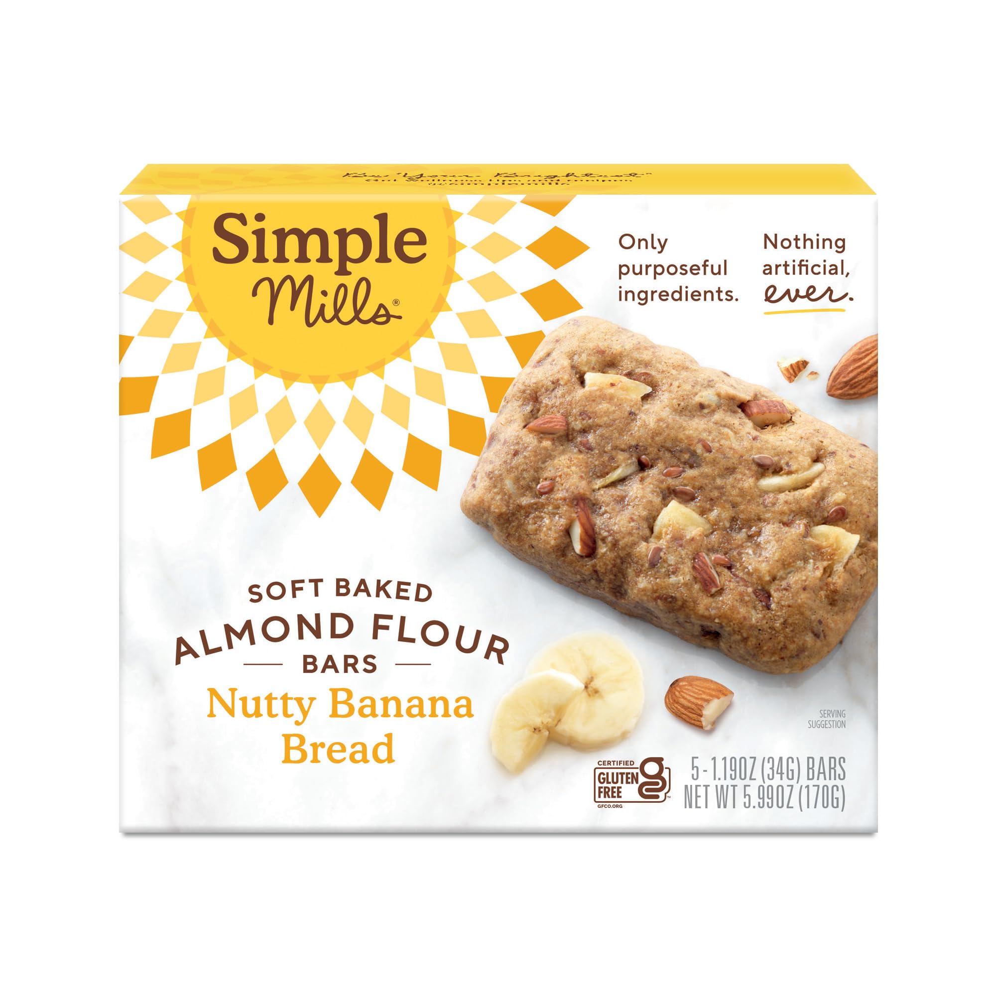 Simple Mills Bar Soft Bake Nutty Banana Bread Almond shown on a board, ready to snack.
