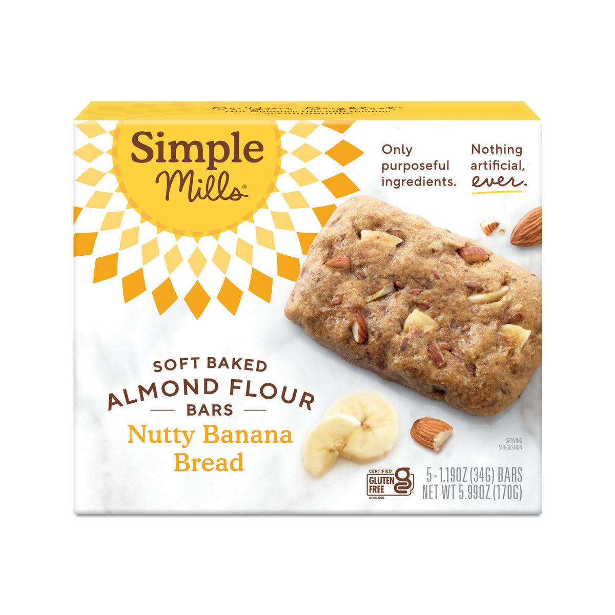 Simple Mills Bar Soft Bake Nutty Banana Bread Almond shown on a board, ready to snack.