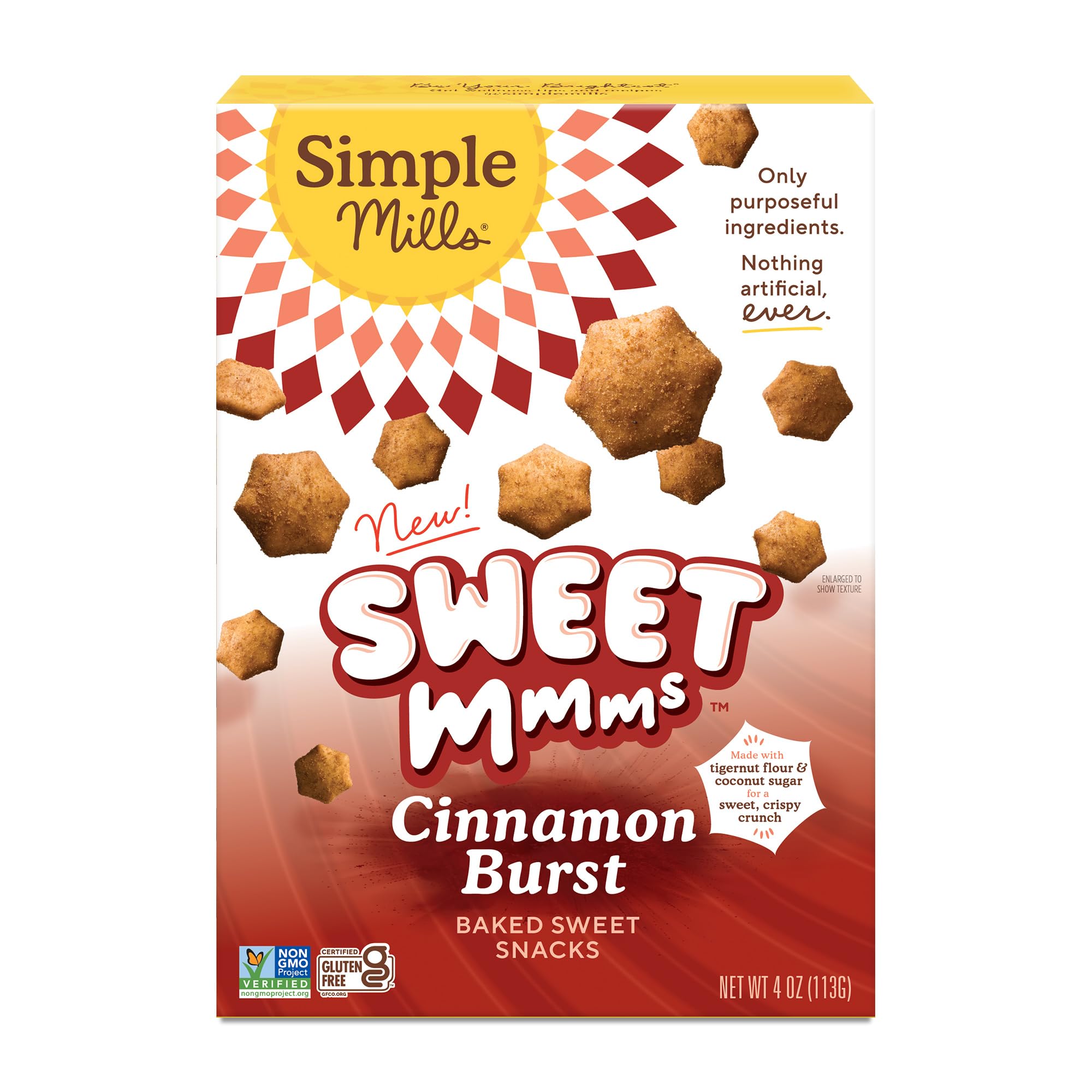 Simple Mills Cookie Cinnamon Burst pack on a rustic board, gluten-free snack option.