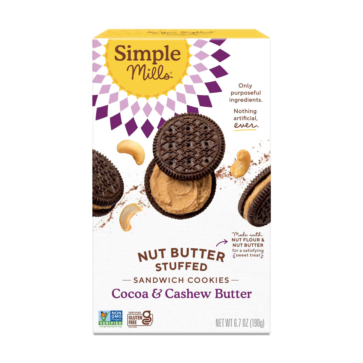 Simple Mills Cocoa Cashew Cookies sandwich packshot highlighting premium ingredients for snacking